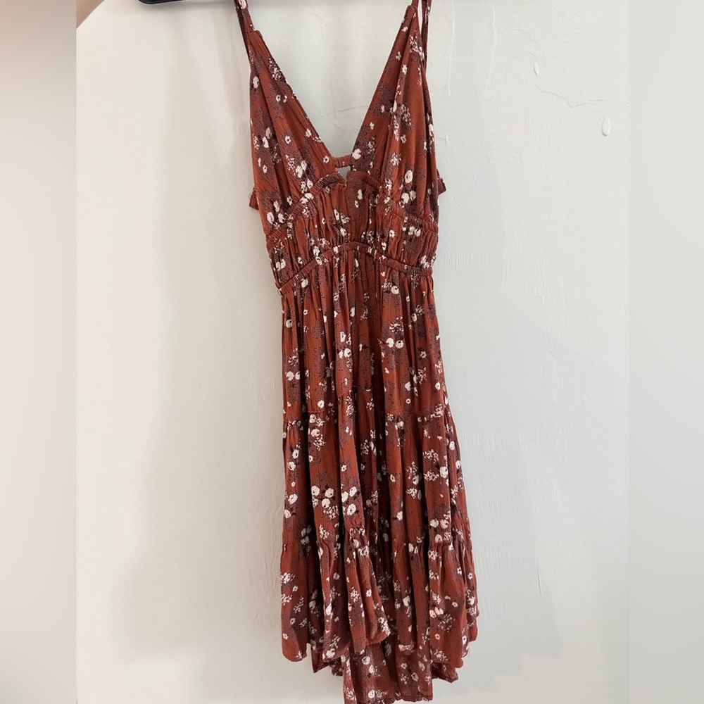 Angie Brown and Red Pleated Tiered Maxi Sundress